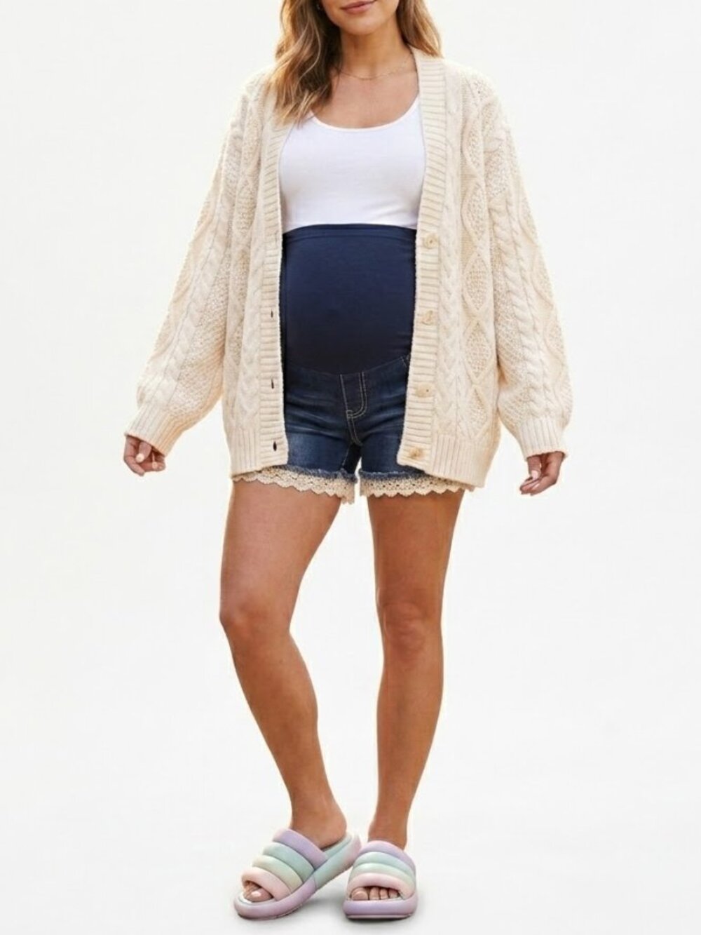 BELLA VIDA Soft Girl Lace Hem Maternity Denim Shorts Distressed Dark Wash S - Picture 2 of 8